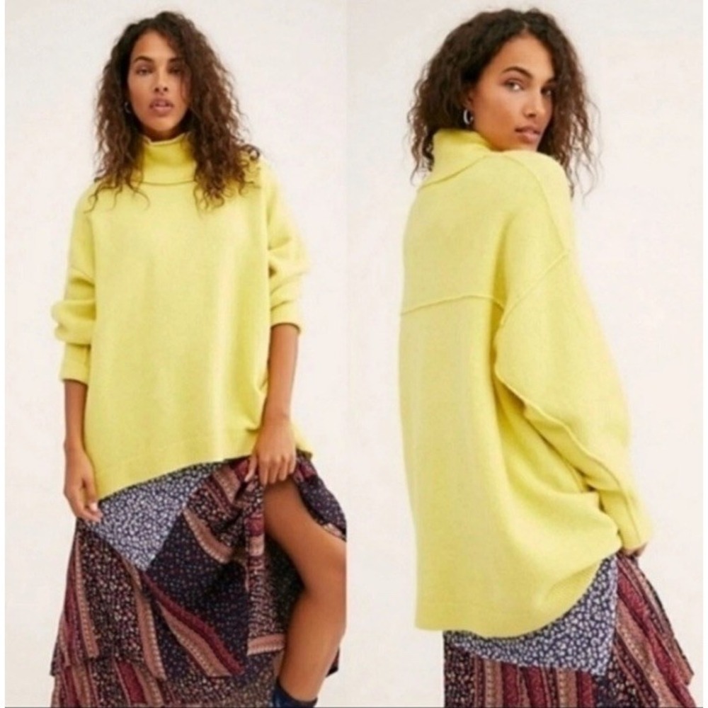 Free People Wool Sweater Afterglow‎ Mock Neck Oversized Sweater XS Neon yellow